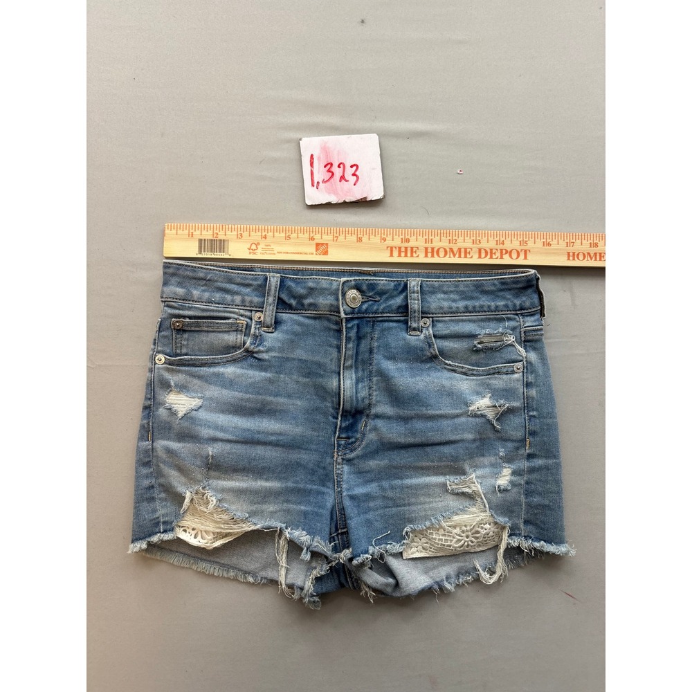 American Eagle Ne(x)t Level Stretch Distressed Denim Lace Inset Shorts Size 10